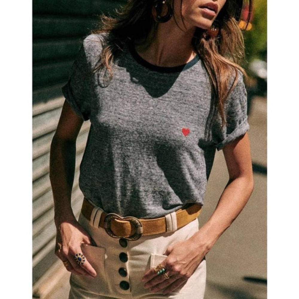 NWT Sezane Valentina Linen T-Shirt With Heart Logo Sz XL Ecru Navy Short Sleeve